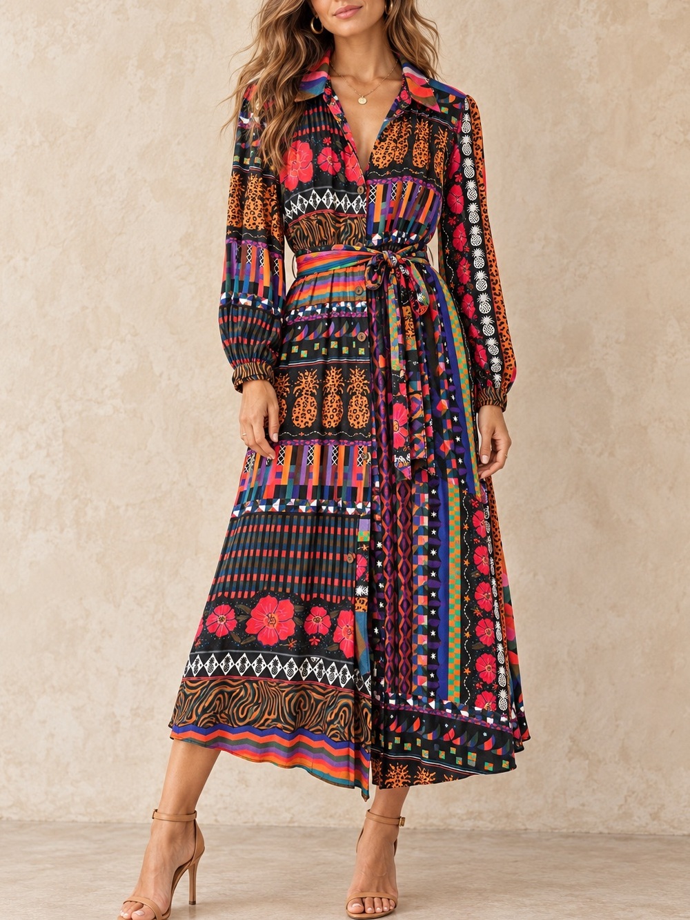 Farm Rio Ciela Midi Belted Shirt Dress L Anthropologie Multicolor Patchwork Boho